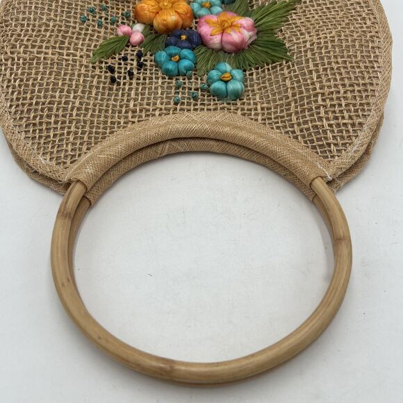 Handbag Tote Weaved Jute Floral Vase Design Wooden Handles Summer Beach Vacation - Picture 3 of 7